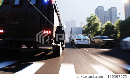 An swat police driving fast on a city street. 3d rendering. An swat police driving fast on a city street. 3d rendering. 136397975