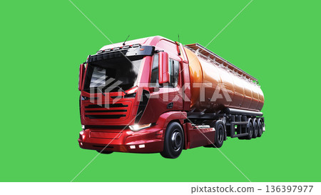 Oil truck driving fast. realistic dynamic reflections on the car body. green screen isolate. 3d rendering. Oil truck driving fast. realistic dynamic reflections on the car body. green screen isolate. 3d rendering. 136397977