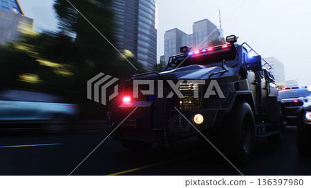 An swat police driving fast on a city street. 3d rendering. 136397980