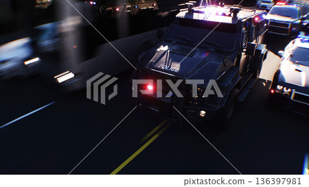 An swat police driving fast on a city street. 3d rendering. An swat police driving fast on a city street. 3d rendering. 136397981