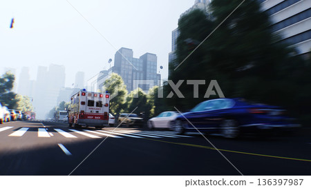 An ambulance driving fast on a city street. 3d rendering. 136397987