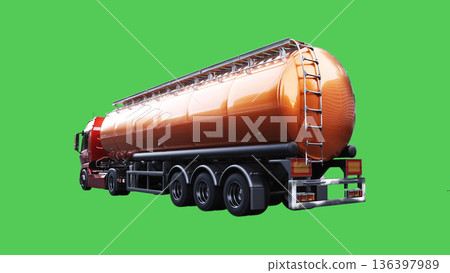 Oil truck driving fast. realistic dynamic reflections on the car body. green screen isolate. 3d rendering. 136397989
