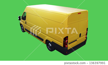 Yellow delivery car driving fast. realistic dynamic reflections on the car body. green screen isolate. 3d rendering. 136397991