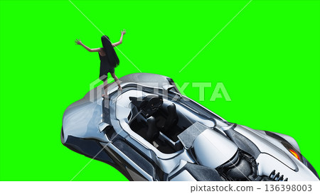 Flying futuristic car and a woman with hair blowing in the wind. reflections on the car body. green screen isolate. 3d rendering. Flying futuristic car and a woman with hair blowing in the wind. reflections on the car body. green screen isolate. 3d rendering. 136398003