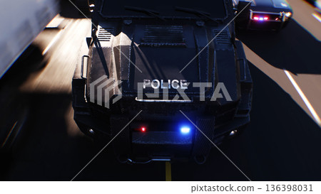 An swat police driving fast on a city street. 3d rendering. An swat police driving fast on a city street. 3d rendering. 136398031
