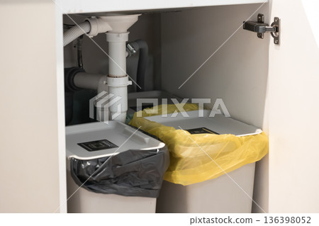 Under-sink waste sorting system, featuring labeled bins for mixed waste with different colored bags, promoting efficient household recycling and sustainable management 136398052