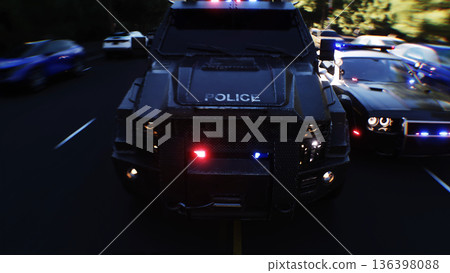 An swat police driving fast on a city street. 3d rendering. An swat police driving fast on a city street. 3d rendering. 136398088