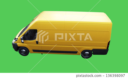 Yellow delivery car driving fast. realistic dynamic reflections on the car body. green screen isolate. 3d rendering. Yellow delivery car driving fast. realistic dynamic reflections on the car body. green screen isolate. 3d rendering. 136398097