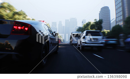 An police driving fast on a city street. 3d rendering. 136398098