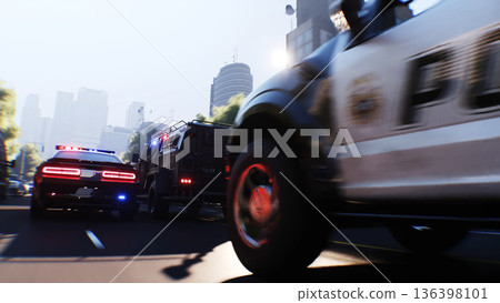 An swat police driving fast on a city street. 3d rendering. An swat police driving fast on a city street. 3d rendering. 136398101