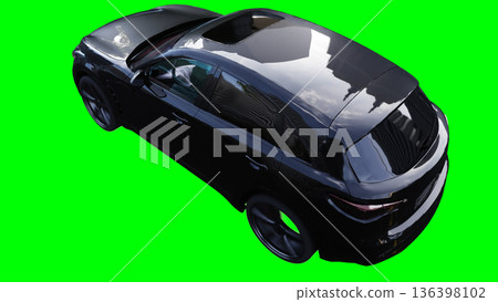Luxury black sport suv, car driving fast. realistic dynamic reflections on the car body. green screen isolate. 3d rendering. 136398102