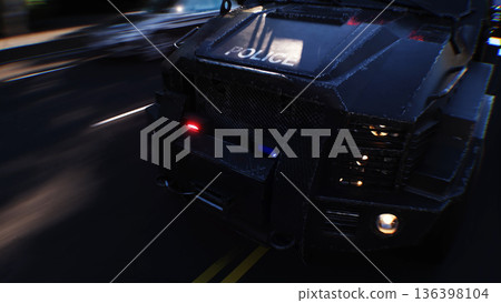 An swat police driving fast on a city street. 3d rendering. An swat police driving fast on a city street. 3d rendering. 136398104