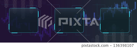 Digital interface design shows data analysis with graphs and empty frames for user content on a dark background with arrows Digital interface design shows data analysis with graphs and empty frames for user content on a dark background with arrows 136398107