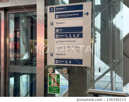 Informative directional sign at a public transportation hub guides passengers to various facilities like platforms, ticket sales, and the passenger service center, aiding navigation 136398115