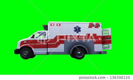 Ambulance green screen isolate. Realistic flashing lights. 3d rendering. 136398120