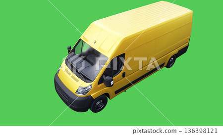Yellow delivery car driving fast. realistic dynamic reflections on the car body. green screen isolate. 3d rendering. 136398121