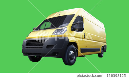 Yellow delivery car driving fast. realistic dynamic reflections on the car body. green screen isolate. 3d rendering. 136398125