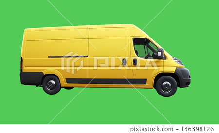 Yellow delivery car driving fast. realistic dynamic reflections on the car body. green screen isolate. 3d rendering. 136398126
