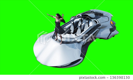 Flying futuristic car and a woman with hair blowing in the wind. reflections on the car body. green screen isolate. 3d rendering. 136398130