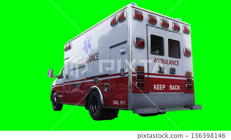 Ambulance green screen isolate. Realistic flashing lights. 3d rendering. Ambulance green screen isolate. Realistic flashing lights. 3d rendering. 136398146