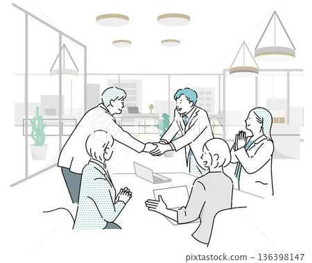 商務人士在辦公室會面——簽訂合約並握手的場景——商務團隊的插圖素材 商務人士在辦公室會面——簽訂合約並握手的場景——商務團隊的插圖素材 136398147