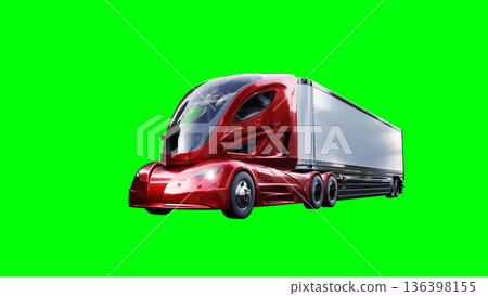 Electric futuristic red cargo truck driving fast. dynamic reflections on the car body. green screen isolate. 3d rendering. 136398155