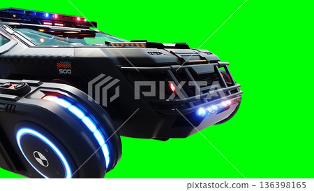 Futuristic cyber police flying car. realistic dynamic reflections on the car body. green screen isolate. 3d rendering. Futuristic cyber police flying car. realistic dynamic reflections on the car body. green screen isolate. 3d rendering. 136398165