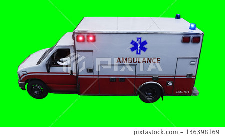 Ambulance green screen isolate. Realistic flashing lights. 3d rendering. 136398169