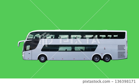Jorney touristic bus driving fast. realistic dynamic reflections on the car body. green screen isolate. 3d rendering. Jorney touristic bus driving fast. realistic dynamic reflections on the car body. green screen isolate. 3d rendering. 136398171