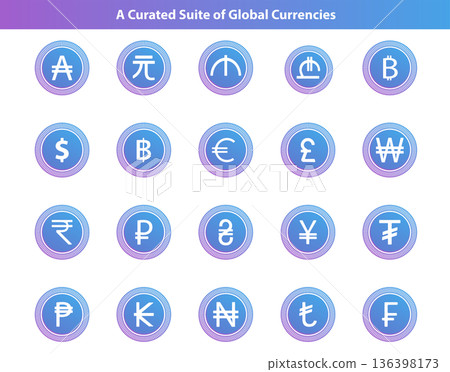 Global Currency Icon Set for Fintech, Banking, and International Trade Global Currency Icon Set for Fintech, Banking, and International Trade 136398173