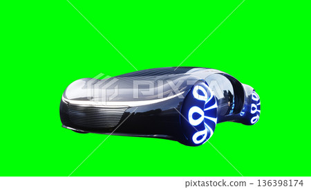 Futuristic, electric black car driving fast. realistic dynamic reflections on the car body. green screen isolate. 3d rendering. 136398174
