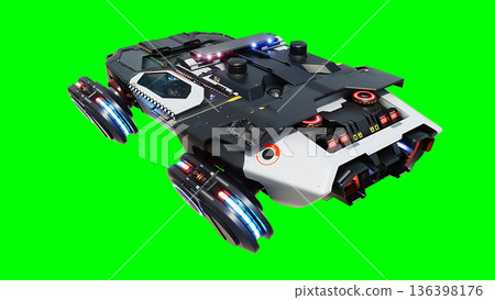 Futuristic cyber police flying car. realistic dynamic reflections on the car body. green screen isolate. 3d rendering. Futuristic cyber police flying car. realistic dynamic reflections on the car body. green screen isolate. 3d rendering. 136398176