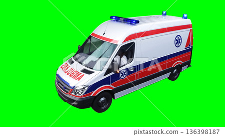 Ambulance green screen isolate. Realistic flashing lights. 3d rendering. 136398187