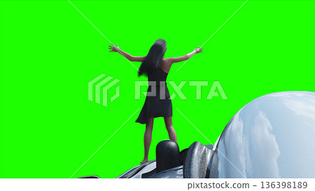 Flying futuristic car and a woman with hair blowing in the wind. reflections on the car body. green screen isolate. 3d rendering. Flying futuristic car and a woman with hair blowing in the wind. reflections on the car body. green screen isolate. 3d rendering. 136398189