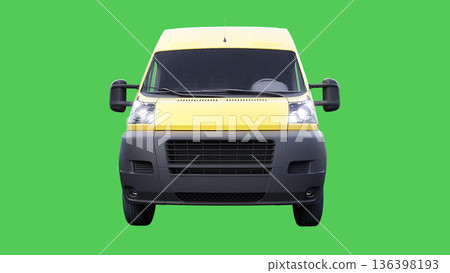 Yellow delivery car driving fast. realistic dynamic reflections on the car body. green screen isolate. 3d rendering. 136398193