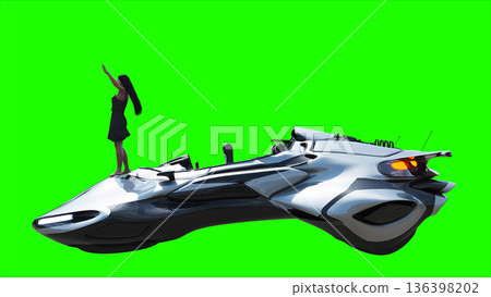 Flying futuristic car and a woman with hair blowing in the wind. reflections on the car body. green screen isolate. 3d rendering. 136398202