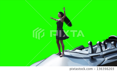 Flying futuristic car and a woman with hair blowing in the wind. reflections on the car body. green screen isolate. 3d rendering. Flying futuristic car and a woman with hair blowing in the wind. reflections on the car body. green screen isolate. 3d rendering. 136398203