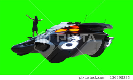 Flying futuristic car and a woman with hair blowing in the wind. reflections on the car body. green screen isolate. 3d rendering. 136398225