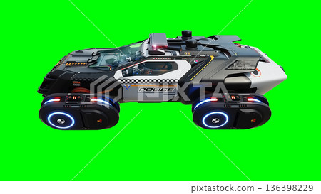 Futuristic cyber police flying car. realistic dynamic reflections on the car body. green screen isolate. 3d rendering. 136398229