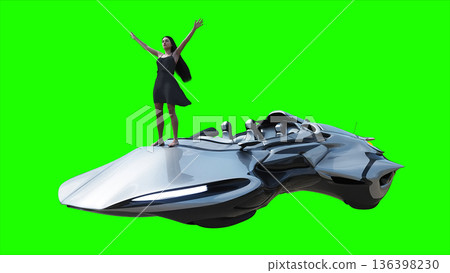 Flying futuristic car and a woman with hair blowing in the wind. reflections on the car body. green screen isolate. 3d rendering. Flying futuristic car and a woman with hair blowing in the wind. reflections on the car body. green screen isolate. 3d rendering. 136398230