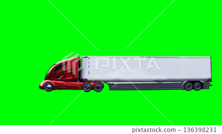 Electric futuristic red cargo truck driving fast. dynamic reflections on the car body. green screen isolate. 3d rendering. Electric futuristic red cargo truck driving fast. dynamic reflections on the car body. green screen isolate. 3d rendering. 136398231