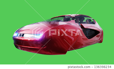 Futuristic flying red car. realistic dynamic reflections on the car body. green screen isolate. 3d rendering. 136398234