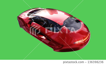 Futuristic flying red car. realistic dynamic reflections on the car body. green screen isolate. 3d rendering. 136398236