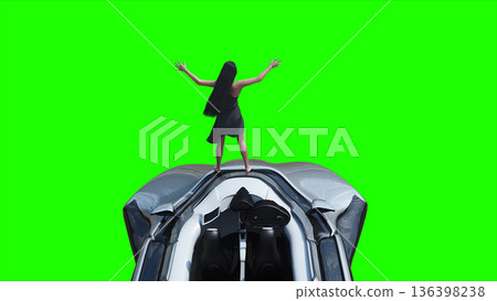 Flying futuristic car and a woman with hair blowing in the wind. reflections on the car body. green screen isolate. 3d rendering. Flying futuristic car and a woman with hair blowing in the wind. reflections on the car body. green screen isolate. 3d rendering. 136398238