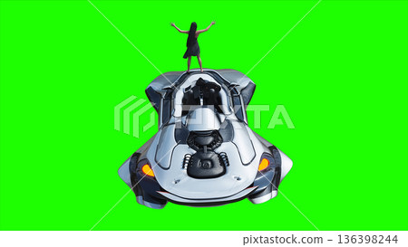 Flying futuristic car and a woman with hair blowing in the wind. reflections on the car body. green screen isolate. 3d rendering. 136398244