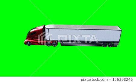 Electric futuristic red cargo truck driving fast. dynamic reflections on the car body. green screen isolate. 3d rendering. 136398246