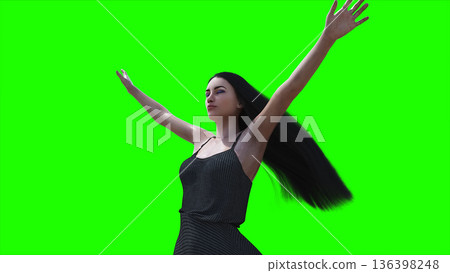 A woman with hair blowing in the wind . realistic dynamic . green screen isolate. 3d rendering. A woman with hair blowing in the wind . realistic dynamic . green screen isolate. 3d rendering. 136398248
