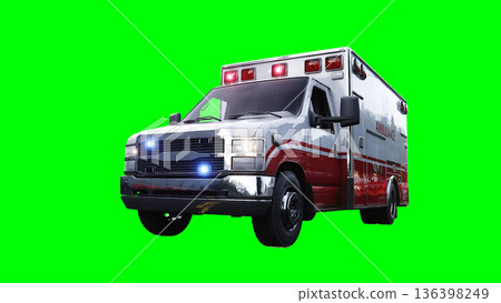 Ambulance green screen isolate. Realistic flashing lights. 3d rendering. 136398249