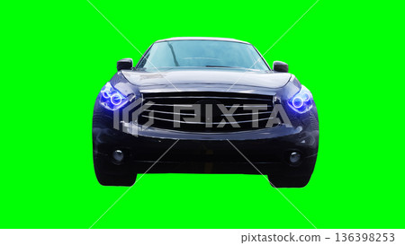 Luxury black sport suv, car driving fast. realistic dynamic reflections on the car body. green screen isolate. 3d rendering. 136398253