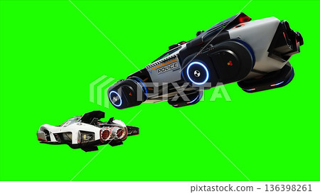 Futuristic cyber police flying car. realistic dynamic reflections on the car body. green screen isolate. 3d rendering. 136398261